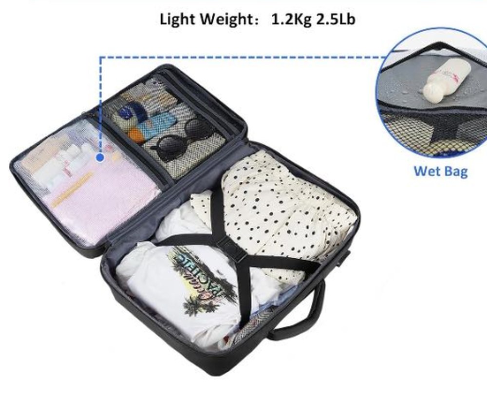 Interior de la mochila abierta con la ropa organizada