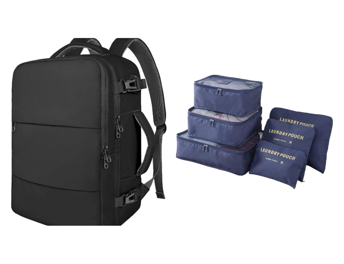 Kit Viajero quiba: mochila de viaje negra y seis organizadores azul oscuro